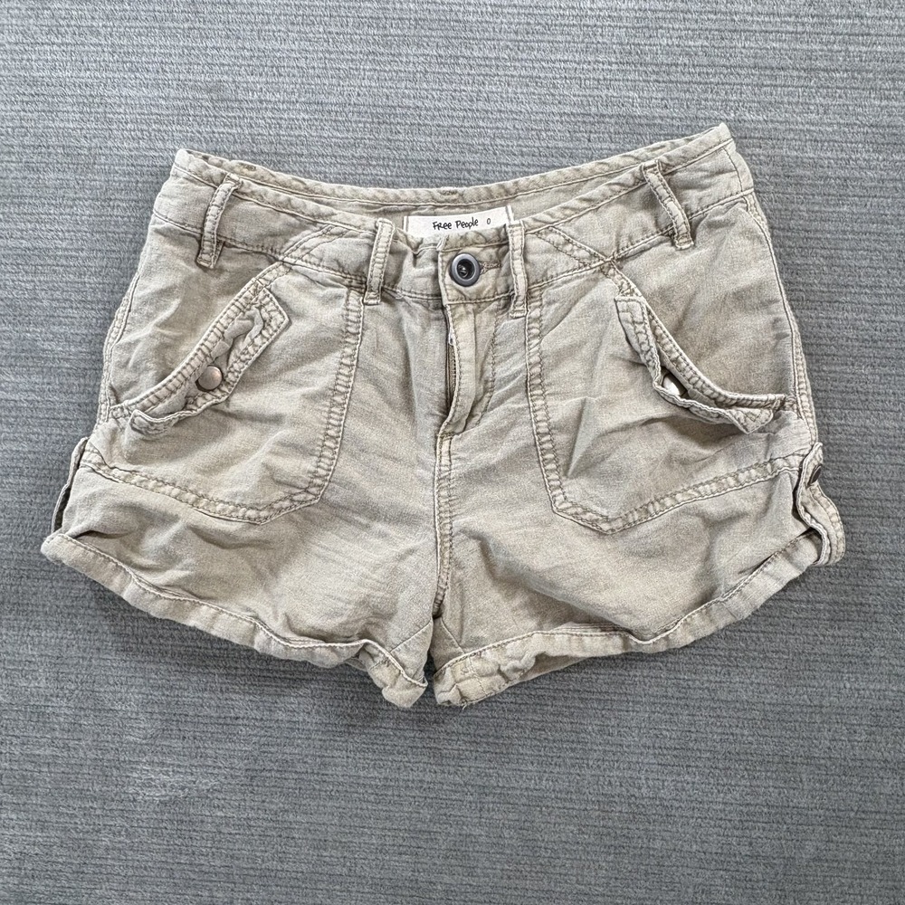 Free People Utilty Shorts Womens 0 Beige 2" Inseam Roll Tab Hem Snap Button